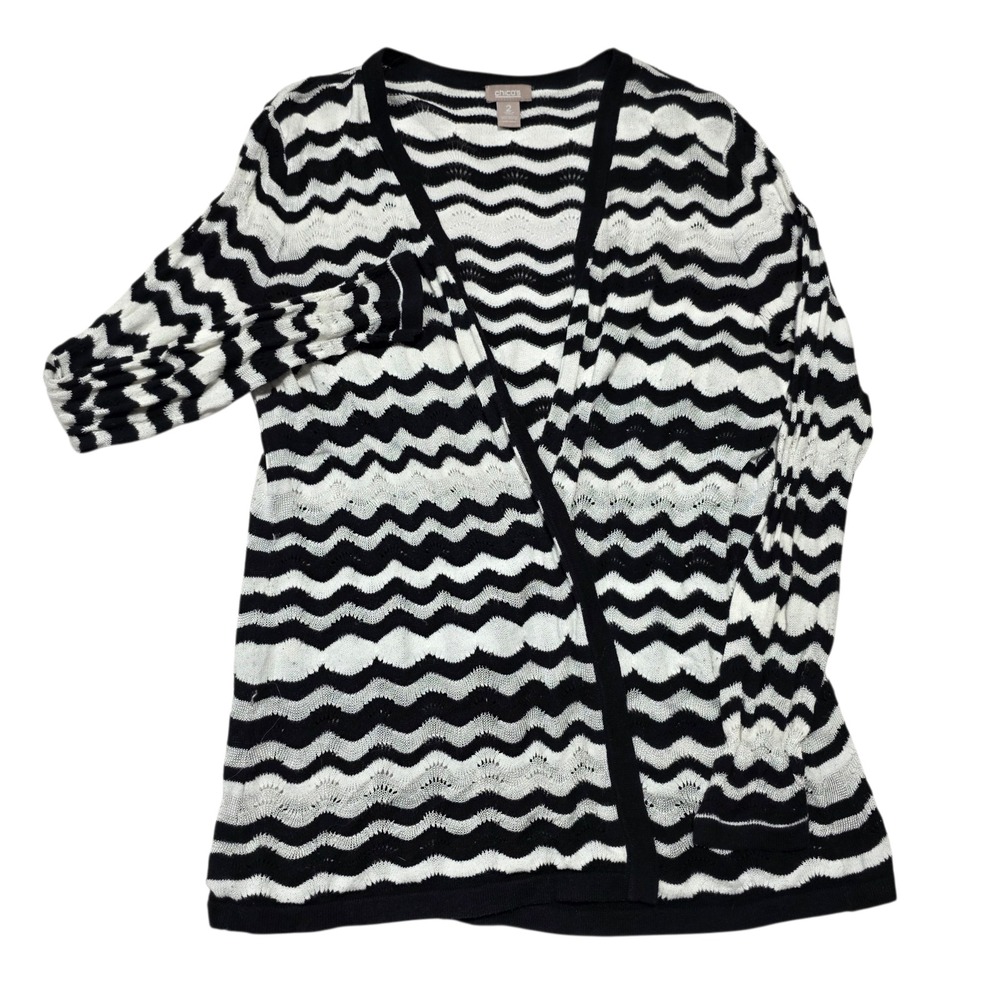 Chicos Black White Zig Zag Chevron Knit‎ Cardigan Sweater Open Front Size L